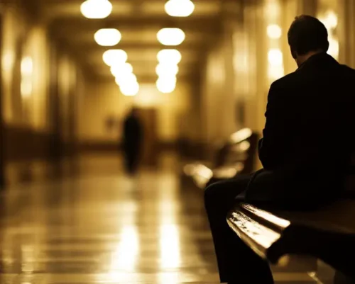 Persona esperando en el pasillo del juzgado tras saber cómo redactar una querella y presentarla