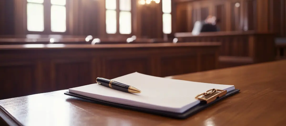 Cuaderno y bolígrafo en la mesa del juez durante la vista oral de un procedimiento por delito leve de amenazas