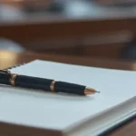 Bloc de notas y bolígrafo sobre la mesa de un abogado penalista en un juicio por delito leve de amenazas
