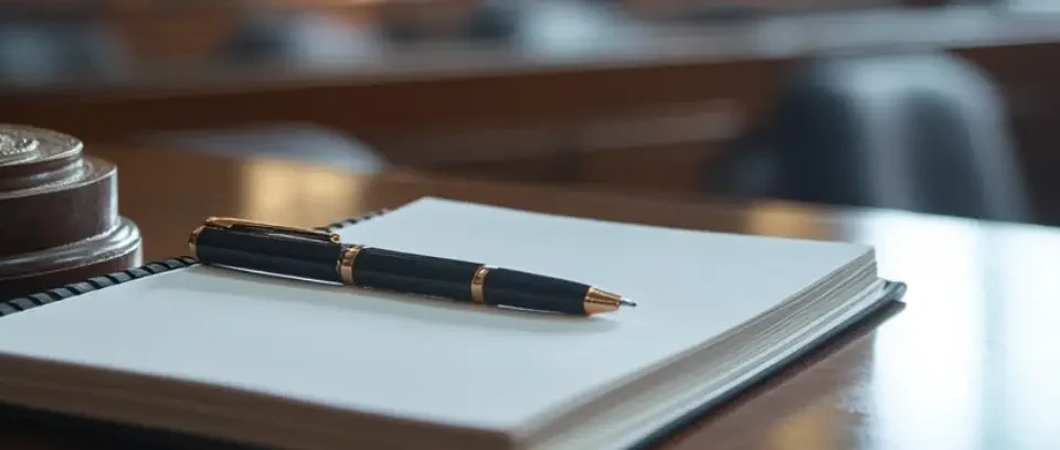 Bloc de notas y bolígrafo sobre la mesa de un abogado penalista en un juicio por delito leve de amenazas