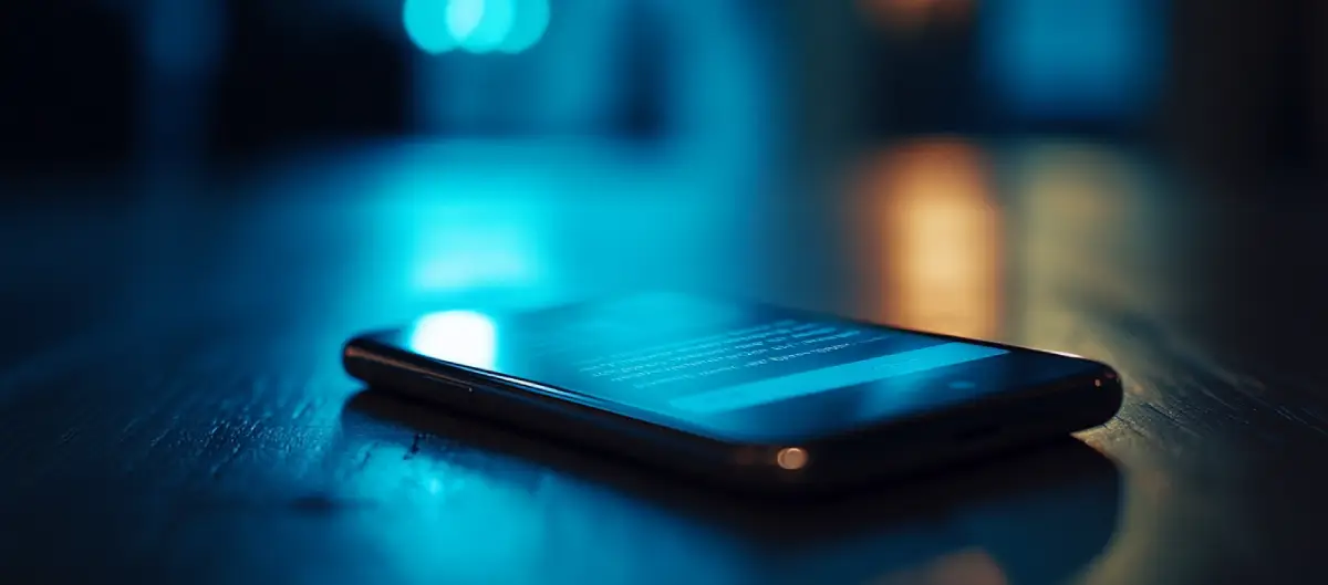 Teléfono móvil con pantalla encendida sobre una mesa oscura, representando las amenazas por WhatsApp que pueden constituir un delito leve de amenazas.