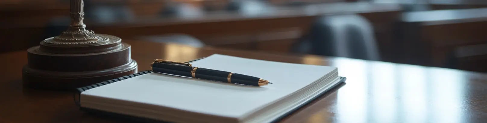 Bloc de notas y bolígrafo sobre la mesa de un abogado penalista en un juicio por delito leve de amenazas