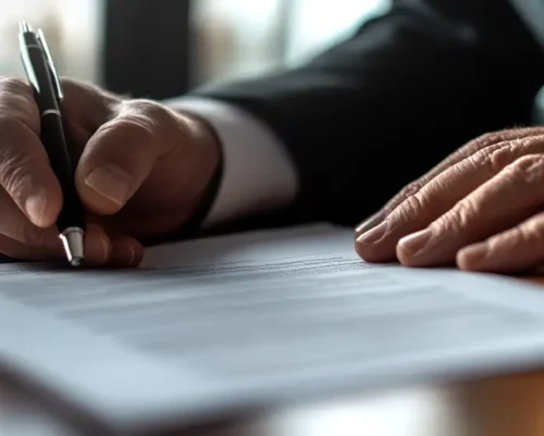 Abogado penalista firmando el escrito de querella penal ante el juzgado competente