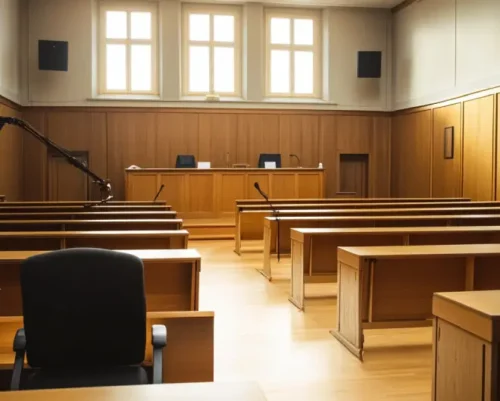 Sala de vistas vacía donde se resuelven los procedimientos penales tras redactar una querella penal
