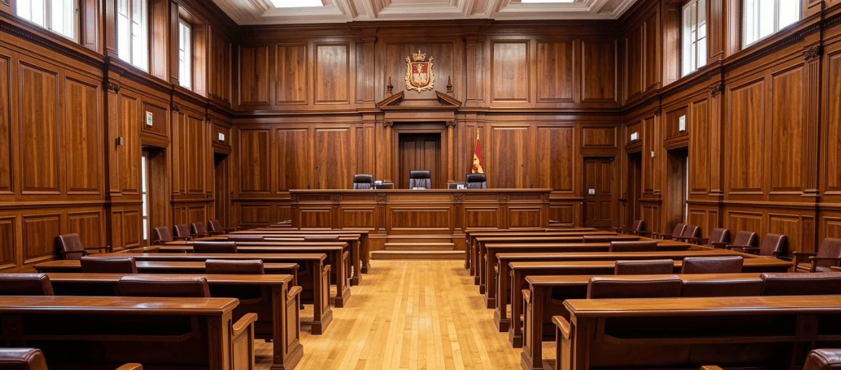 Sala de vistas vacía en un juzgado penal español.
