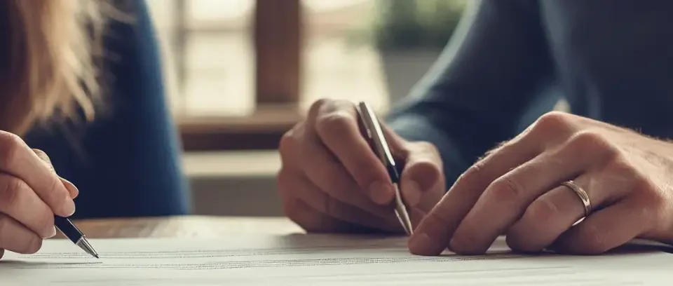 Pareja firmando el acuerdo de separación amistosa sin abogados en casa