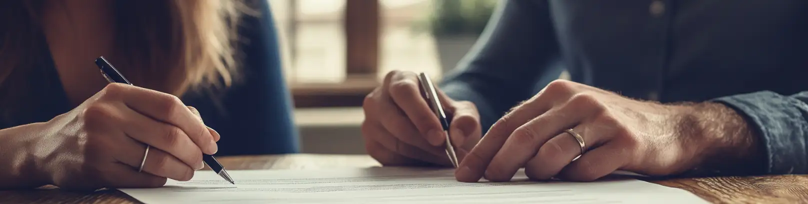 Pareja firmando el acuerdo de separación amistosa sin abogados en casa