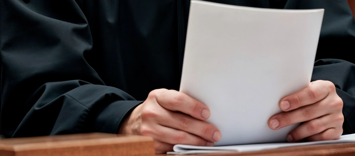 Juez leyendo el delito de receptación producido por un acusado en un tribunal